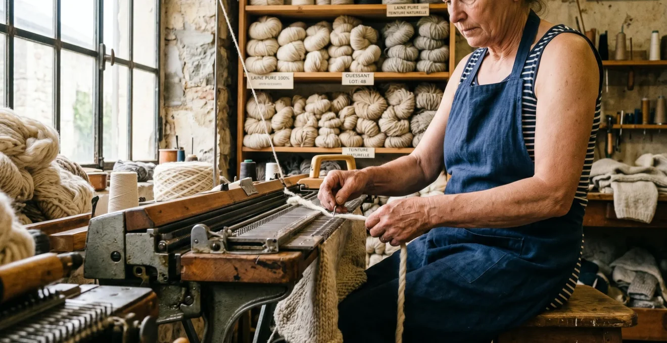Atelier de tricotage français avec métiers à tisser et pelotes de laine naturelle, mains d'artisan travaillant la maille