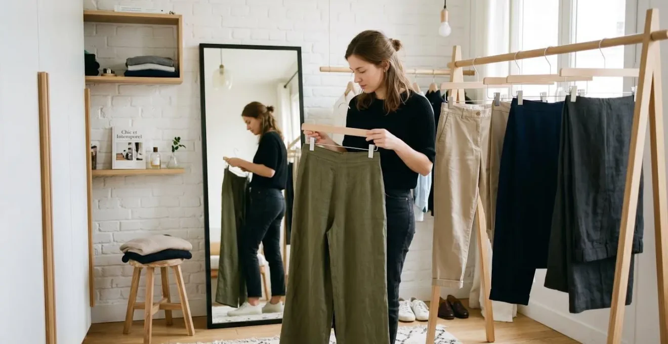Femme dans dressing moderne français avec miroir en pied, sélectionnant entre plusieurs pantalons de coupes différentes
