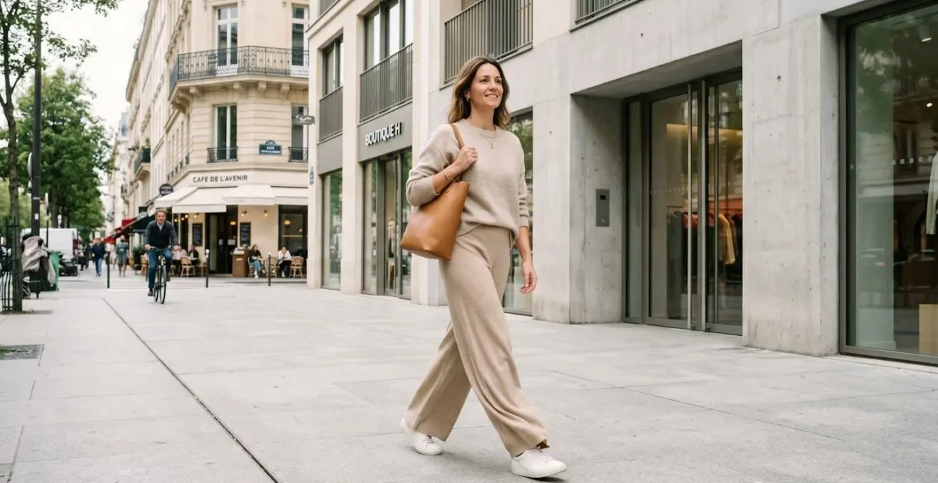 Femme portant un pantalon large en maille beige marchant dans une rue parisienne moderne avec architecture contemporaine