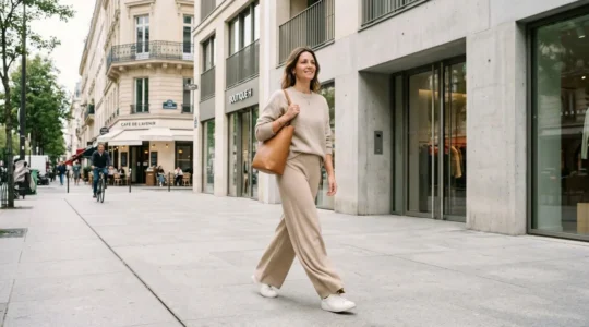 Femme portant un pantalon large en maille beige marchant dans une rue parisienne moderne avec architecture contemporaine